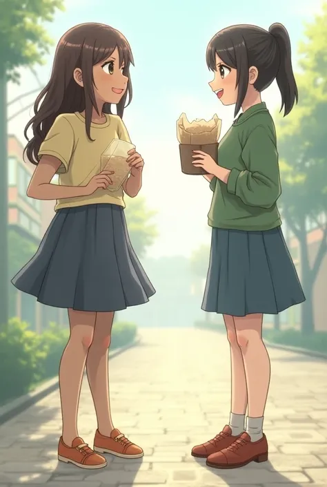 THE WOOFCUT HANDSOME GIRL HOLDING A BAG OF RICE, WEARING A GREEN GRAVY SHIRT, A BLUE BUMPER, SEEING HER FACE NEXT TO HER SHARP NOSE, MAKING A SLIGHT BUTT FACE. THE WOMAN OPPOSITE THE BEAUTIFUL GIRL WITH LONG DARK BROWN HAIR, WEARING A STUDENT DRESS, TURNED...