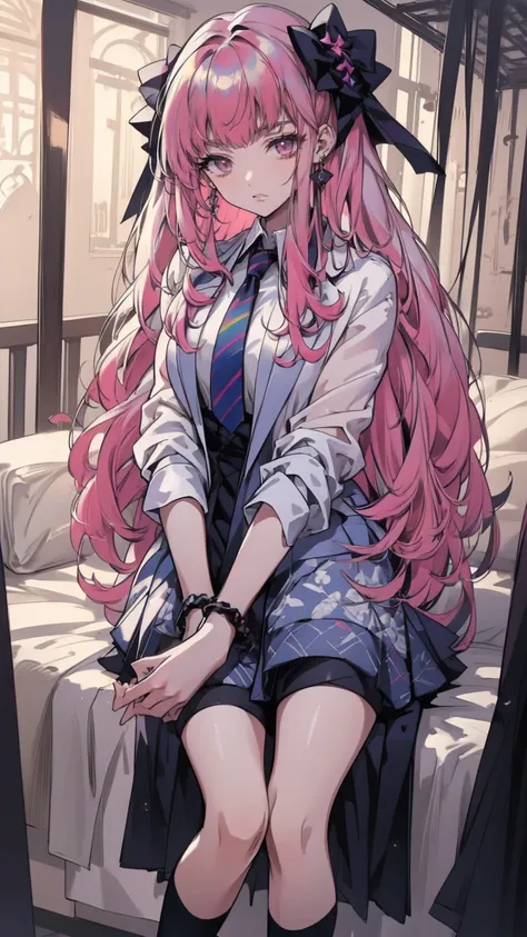 (8k,  best quality , masterpiece: 1.2), super high resolution,Beautiful woman,  super detailed face  , Detailed eyes,( Pink Hair, Light blue multicolored hair ),Bang, twin tails, opens her mouth,break, candy and striped pattern tafana , white knee-length socks, lavender-colored dress , pink canopy bed ,Detailed hands and fingers,( rainbow-colored light from heaven :1.4) , standing , pink bed captivates viewers in a cute room with a canopy
