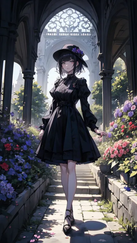 ネオゴススタイルの girl, Wearing a black dress and a white collar,   wearing a black hat  、Wearing heavy makeup,  stands in a mysterious garden 、Surrounded by vines . The garden is full of deep purple flowers.、Gothic architecture in the background。.  girl&#39;Iの髪は黒色、 her hair is long braided .、 red roses are attached to her side 。. Her eyes are sharp、It&#39;stabbing., Thick black eyeliner and long lashes. She has white skin.、Lips bright red.. The atmosphere is gloomy and eerie, Dim lighting casts long shadows.  This piece combines digital illustrations and photographs.., result、そのresult、Incredibly high resolution images。. Most colors are dark、I&#39;kind, Deep reds and purples create a dark beauty..  the overall style is neo-gothic ., Horror,    portrait photography ,  creating a unique and fascinating visual experience .Dark Imagery