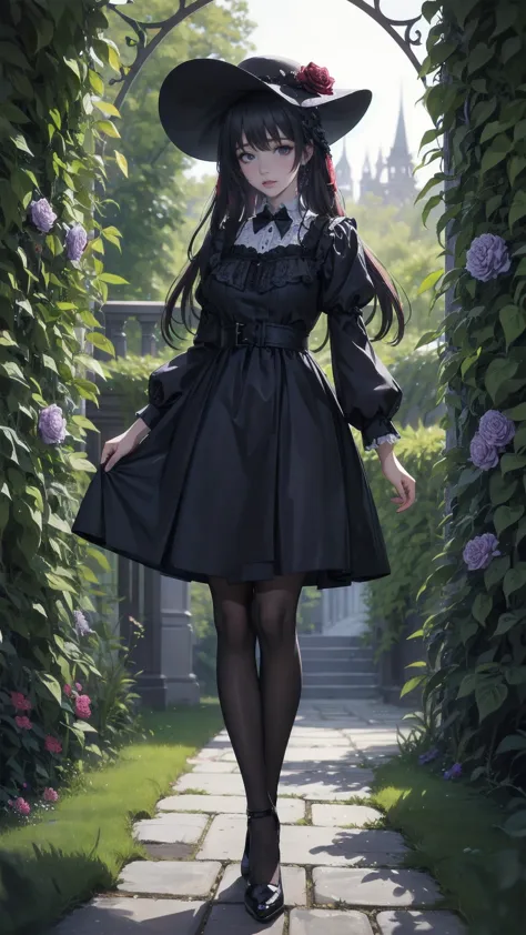 ネオゴススタイルの girl, Wearing a black dress and a white collar,   wearing a black hat  、Wearing heavy makeup,  stands in a mysterious garden 、Surrounded by vines . The garden is full of deep purple flowers.、Gothic architecture in the background。.  girl&#39;Iの髪は黒色、 her hair is long braided .、 red roses are attached to her side 。. Her eyes are sharp、It&#39;stabbing., Thick black eyeliner and long lashes. She has white skin.、Lips bright red.. The atmosphere is gloomy and eerie, Dim lighting casts long shadows.  This piece combines digital illustrations and photographs.., result、そのresult、Incredibly high resolution images。. Most colors are dark、I&#39;kind, Deep reds and purples create a dark beauty..  the overall style is neo-gothic ., Horror,    portrait photography ,  creating a unique and fascinating visual experience .Dark Imagery