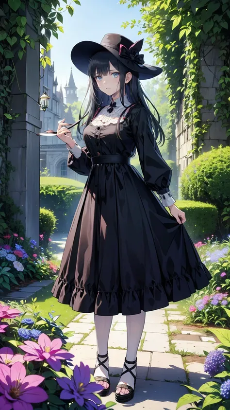 ネオゴススタイルの girl, wearing a black dress and a white collar,   wearing a black hat  、wearing heavy makeup,  stands in a mysterious ...