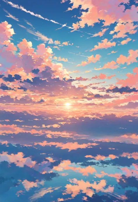 ((pastel))、 woman,pastelカラーの空の下,Pink and light blue sky,Pink Cloud,Lots of small clouds ,Orange Sunset,The sky shines light blue , seen from afar, moving scene 