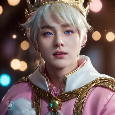 arafed male in a pink outfit with a gold crown and blue eyes, portrait of magical blond prince, high quality fanart, kim doyoung...