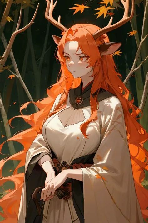 mature woman, spectral, forest goddess, serious facial expression, looks serious, a serious proposal, long peach-colored hair, serious presence, orange eyes like autumn, voluptuous body, deer antlers with autumn leaves on her head, deer ears, elegant spect...