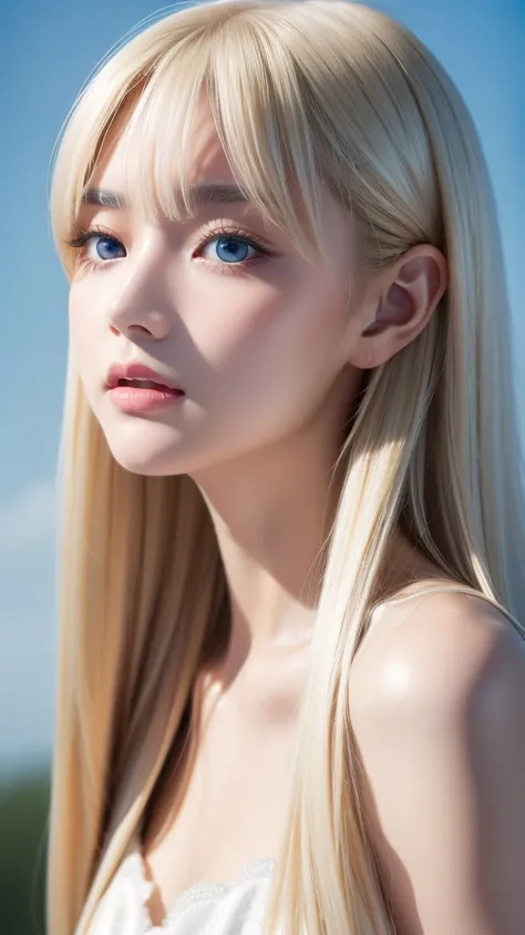 a perfectly beautiful face、super long messy silky beautiful blonde 、first time々 beautiful cute  girl with a young face 、sexy and...