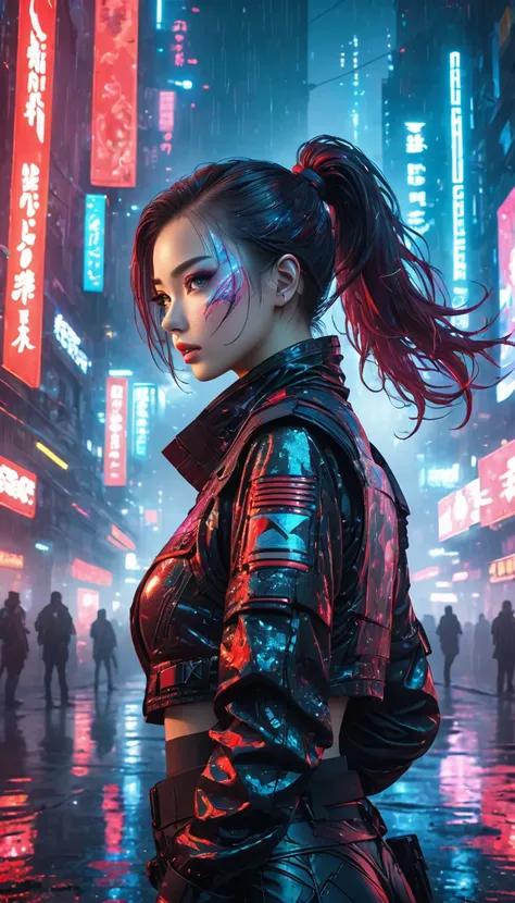 conceptual installation line artwork, cool beauty, red glossy silky messy short ponytail, forehead, makeup, amorous expression, cortesy, elegance, dignity, captivating eyes, curvaceous, wearing cyberpunk combat uniform, background cyberpunk night city, var...