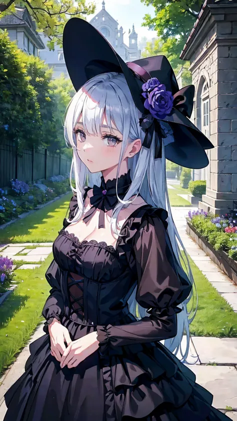 ネオゴススタイルの girl, Wearing a black dress and a white collar,   wearing a black hat  、Wearing heavy makeup,  stands in a mysterious garden 、Surrounded by vines . The garden is full of deep purple flowers.、Gothic architecture in the background。.  girl&#39;Iの髪は黒色、 her hair is long braided .、 red roses are attached to her side 。. Her eyes are sharp、It&#39;stabbing., Thick black eyeliner and long lashes. She has white skin.、Lips bright red.. The atmosphere is gloomy and eerie, Dim lighting casts long shadows.  This piece combines digital illustrations and photographs.., result、そのresult、Incredibly high resolution images。. Most colors are dark、I&#39;kind, Deep reds and purples create a dark beauty..  the overall style is neo-gothic ., Horror,    portrait photography ,  creating a unique and fascinating visual experience .Dark Imagery