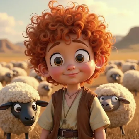  Curly red-haired boy from Pixar, with biblical clothes,herding sheep 