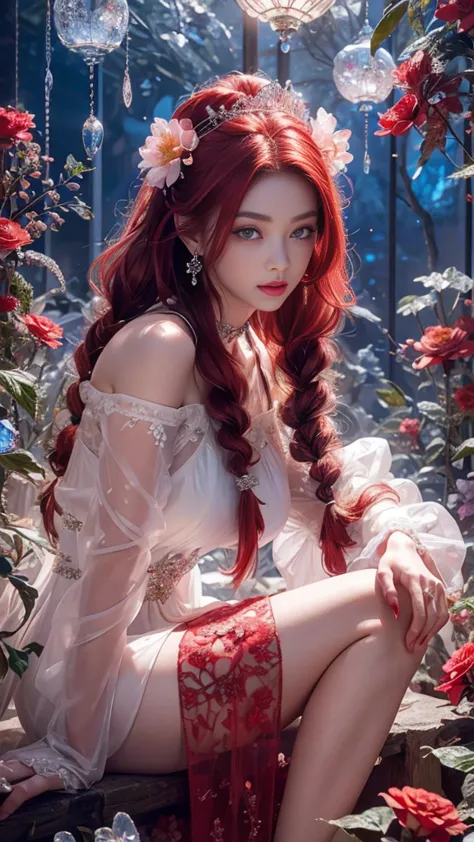 4K, Masterpiece, Best Quality, Detailed Background, Crystal, Crystal Cluster, Long Hair, Jewelry, Earrings, Necklace, Crown, Bride, Hair, Halo, (Overlook), Dynamic Angle, Ultra Detailed, Illustration, Close Up, Direct Look, 1girl, (Fantasy: 1.4), (detailed Eyes), (Beautiful and Delicate Eyes), (red Hair), (Messy Hair, Very Long Hair, French braids, hair between the eyes, side hair), ((hair flower)), (chiffon dress, uniform red flower pattern), (split sleeves, wide sleeves), (fingerless gloves), choker, (miko thighhighs), (expressionless, shut up), (sitting), (classical princess boudoir with dresser floor-to-ceiling windows ancient palace), (red flowers, blooming), (deep sea), (flowing water), (red world tree), (Ruins), (Night), dreamy, Soul, (fluorescent), (Translucent Butterfly),