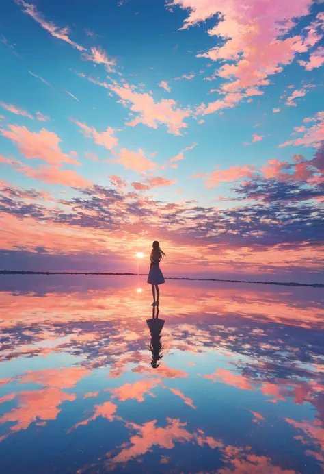 ((pastel))、 woman,pastelカラーの空の下,horizon, standing on liquid,Reflection of light,Pink and light blue sky, pink scaly clouds ,Orange Sunset,The sky shines light blue , seen from afar, moving scene 