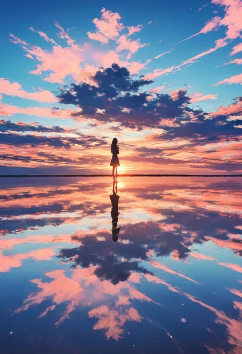 ((pastel))、 woman,pastelカラーの空の下,horizon, standing on liquid,Reflection of light,Pink and light blue sky, pink scaly clouds ,Orange Sunset,The sky shines light blue , seen from afar, moving scene 