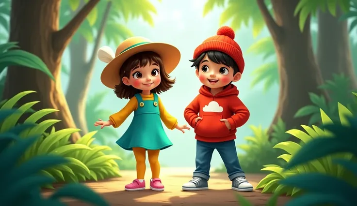 The girl wearing a bright teal dress over a yellow long sleeved shirt and matching yellow leggings.The girl is wearing a wide brimmed hat with a White color and subtle ribbon.She has a pink shoes.Her brown hair is straight and falls pas her hip.The boy is ...