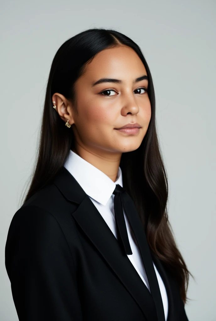 Capolavoro, realistic award-winning photo . Donna in giacca nera,  white shirt and tie posing for a photo, Courtney Eaton,  wearing a black work suit , ritratto promozionale, ritratto in primo piano, giovane donna in smoking nero,  photo of young woman ,  ...