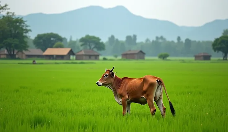 A side view of a small Vechur cow standing in a lush green field in India. The cow’s small stature is emphasized by the tall grass surrounding it. In the background, traditional Indian farmlands are visible, with small huts and distant mountains. The scene...