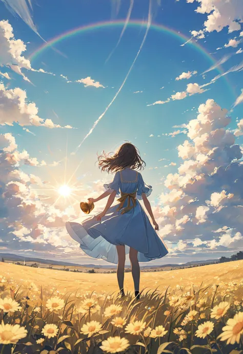 ((pastel))、 woman,Wearing a dress,Standing on the Plains,blue sky,There is a big golden bell, many times the size of a woman,Sunshine,The sky shines light blue , seen from afar, moving scene 