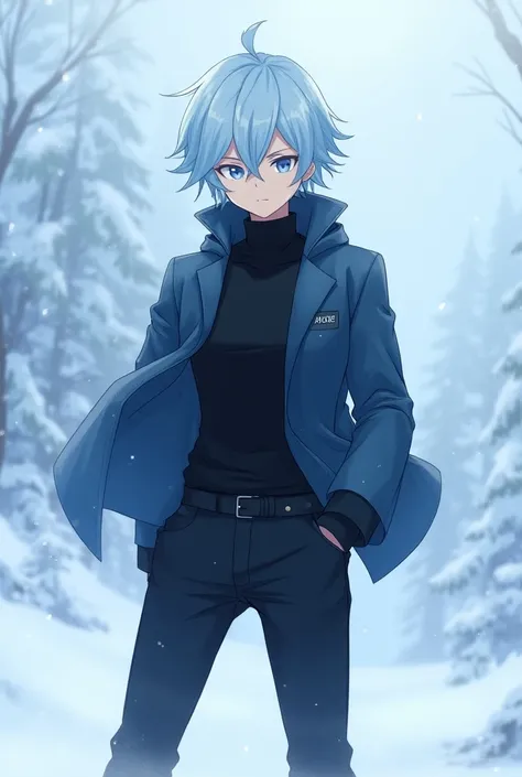 Create an image of a male character inspired by Roxy Migurdia from Mushoku Tensei. He has light blue hair and blue eyes, dressed in a black outfit suitable for a snowy environment. The character should have a similar style to Roxy, with a confident and det...