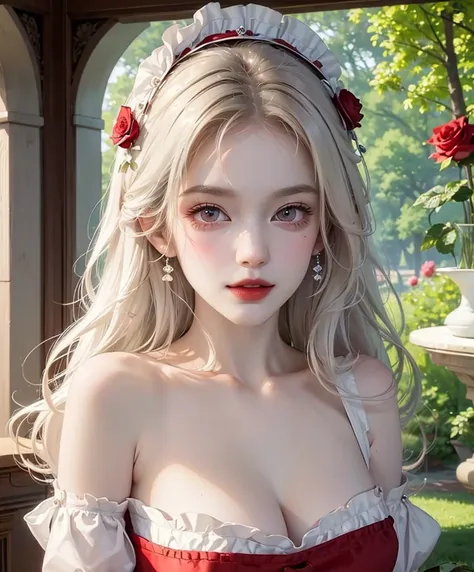 Nsfw, ((((masterpiece, best quality, high resolution)))), solo girl, white hair, red eyes, short wavy hair, (large breasts: 1.2), blush, light smile, parted lips, glow, thighs, bare shoulders, collarbone, narrow waist, cleavage, (beautiful detailed face, b...