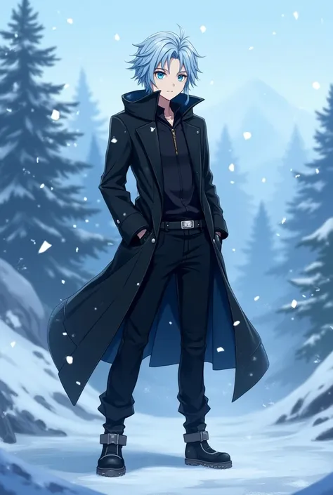 Create an image of a male character inspired by Roxy Migurdia from Mushoku Tensei. He has light blue hair and blue eyes, dressed in a black outfit suitable for a snowy environment. The character should have a similar style to Roxy, with a confident and det...