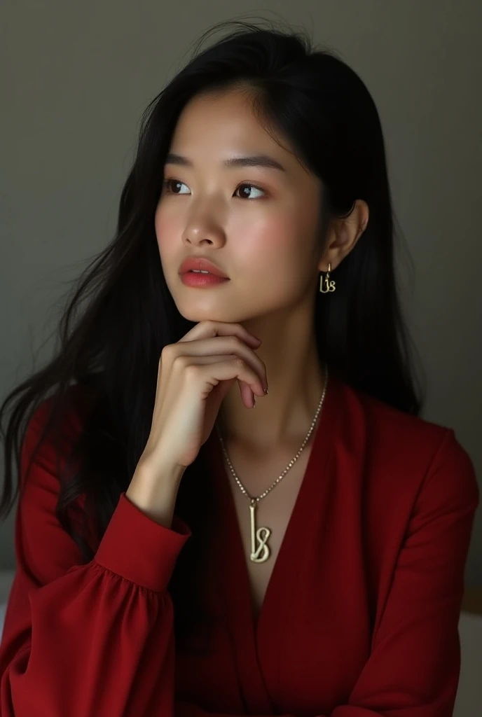 Professional photo of a young woman with long black hair in a red long sleeve blouse, an arm around her chin and an air of serenity.. Necklace with the letter L 