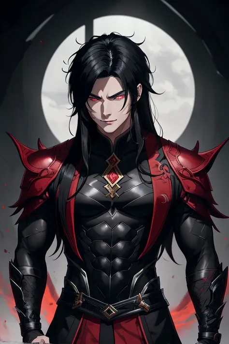  A black-haired dragon man , He has an athletic and muscular body,  with a perfect proportion . your eyes are red, like blood, and her hair is long and dark.  He has a straight nose and a thin mouth .  His lips are full and sensual . In his appearance ,  t...