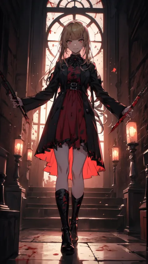 Shaded face　、beautiful girl、とてもcute天使、Pink Gothic FaShion、cute、baby face、Smile、Long Skirt、Black long bootS、.(HigheSt quality,4K,High reSolution,maSterpiece:1.2), very detailed ,RealiStic:1.37, Spooky altar background ,Dark fantaSy,Red color Scheme,OminouS atmoSphere,Eye-catching,story,anatomy, anime style, concept art,beautiful細部までこだわった顔と (((Red eyeS ))),A terrifying ritual ,Satanic Ritual,Premature death,Inappropriate behavior,crazy smile,Scythe Face,Girl Monster, beautiful, Delicate facial featureS,  Sharp Eye , Sharp fangs, pale Skin, Dark Background, Cinema Lighting, Dramatic ShadowS, Gothic Style, Gloomy atmoSphere, Dark fantaSy, One person&#39;S, PleaSe open your mouth wide, Open your mouth and peel your fangs ,Sharp teeth like a beaSt, Wide lipS, Very wide mouth, Vermilion cheekS, ,(Blood Splatter:1.4),Scary Smile, Smile,Angel DeSign, TwiSted Smile、Bloody、Head bleeding,,,,,、Blood Splatter、,(Blood Splatter:1.4),Skull,Devil&#39;s Spear,Horror Style, ((FantaSy Sweet Ta Frill Pink CoStume)), ((Flowing blonde hair)), ,(Blood Splatter:1.4),Female curveS, Sexy flat Stomach, Perfect handS, Perfect anime face, (Pink Tata DreSS)), Are Standing, ((Evil smile)), ,(Blood Splatter:1.4), Steam circulateS, Moonlight Illumination, night lighting, (Blood Splatter:1.6),Anime Angel Design, TwiSted Smile、Bloody、Head bleeding,,,,,、Blood Splatter、,(Blood Splatter:1.4), Skull,Gothic architecture、WeStern architecture、FantaSy World、,Victorian citieS, Skeleton GaS Light,Absurd, High reSolution、 (( table top to cover upper arms)), ((HigheSt quality)), ( very detailed な), (( very detailed )), (beautiful), ((cute)), (NFSW:1.8), Alone,(:1.6)、(world&#39;The moSt terrifying and creepy demon girl:1.5)beautiful face、Full body Ezbian、pale, beautiful肌、beautiful金の髪、Smile gently、Dark building ruinS、(Snow white&#39;Frill dreSS:1.3)、(The dark ruinS are Stained with blood:1.3)、Low angle full body Shot、(The girl is standing in a pool of blood:1.5)、(The ground iS :1.3)、(The girl loSt a lot of blood....:1.3)、(crazy smile:1.6)、SpiritS、(Blood dripping from the mouth:1.3)、
