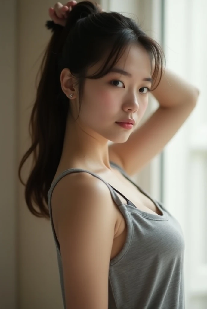 wide view camera, Image is a side view style photograph featuring a young woman with long and big breast, dark hair pulled back into a ponytail. She has fair skin and is wearing a tanktop with deep armholes showing the side of her big breasts while her han...