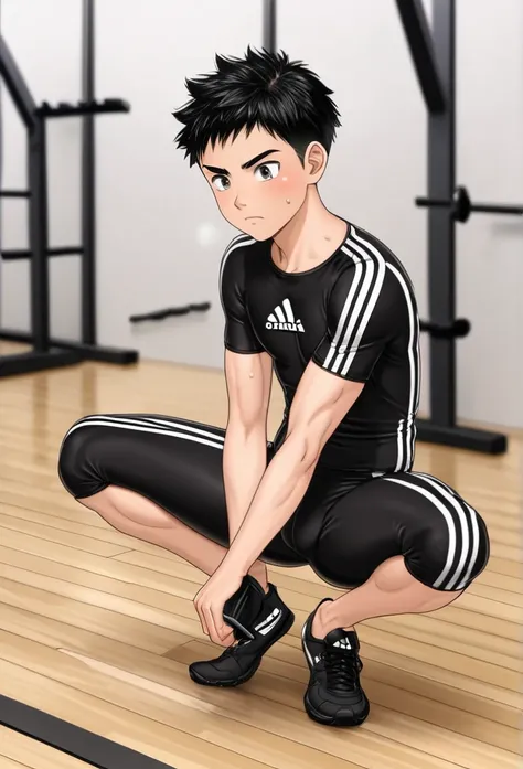 Young guy, (20 years), athletic body,       short hair ,  ((( Tight sweatpants))), black adidas    , stand with your back, anime,  Learn more, full length, gym, squat, pumped up body