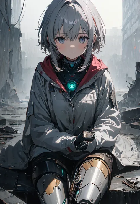 Best Artist,anime,(8k, Best Quality)、 super high definition、Adorable、Best Quality, beautiful, Absurd beauty、masterpiece、Highest quality、Rainy old background,Broken Android,A sad and poignant piece,Grey World,An android girl who continues to believe even af...