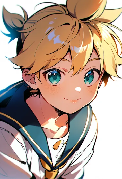 anime style, one boy, male child, (cute), Kagamine Len, school uniform, smiling to the viewer in a sunset