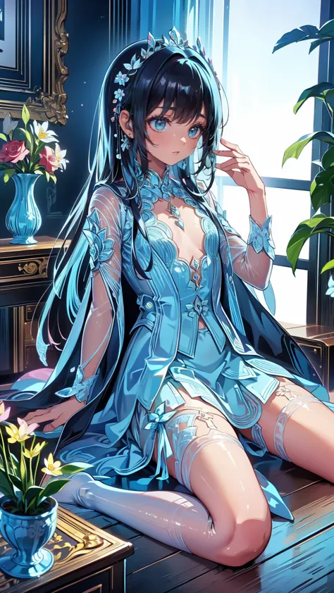 masterpiece,  best quality ,  very detailed, (Illustration, Official Art: 1.1), ((((light blue Long Hair)))), (()), Cute face, masterpiece,  best quality , ((((Very delicate and delicate))  BEAUTIFUL GIRLS)))), wonderful,  Beautiful Detailed Eyes Kneeling with Hands Tied , blunt bangs (((( Little Delicate Girl )))), ((tearsめ))), Droopy eyes. (True beauty: 1.2), Depth,  dynamic angle,,, (True beauty: 1.2), (tiny  1 girl  model: 1.2),) ( flat chest), (masterpiece: 1.2),  best quality , Pixiv, Nice,  1 girl , Alone, Sitting, Long Hair, flower, chair, food, flower, cup, holding,  Long Sleeve , skirt, skirt,  jacket, table, rose, indoor, , bangs, plant, holding cup, wide shot  ,  profile , Coat, long skirt, vase,  looking away , tears
