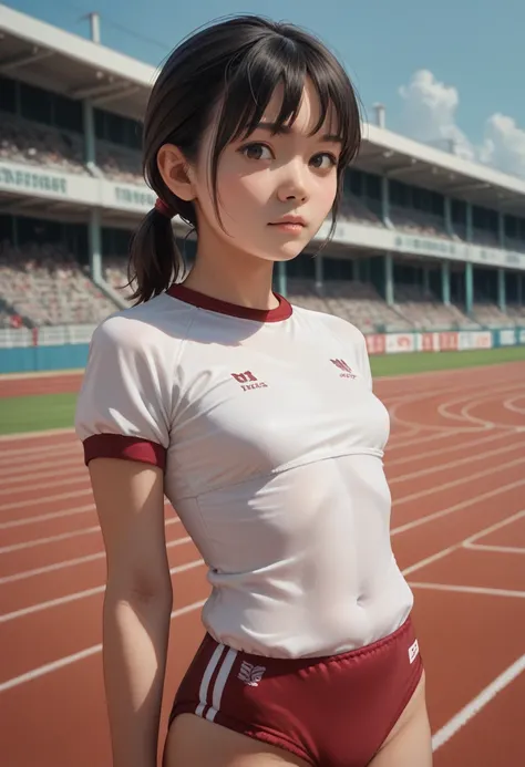 Photorealistic(asian:1.1)short Ponytail,low Ponytail,black hair,small breasts,gym uniform,track