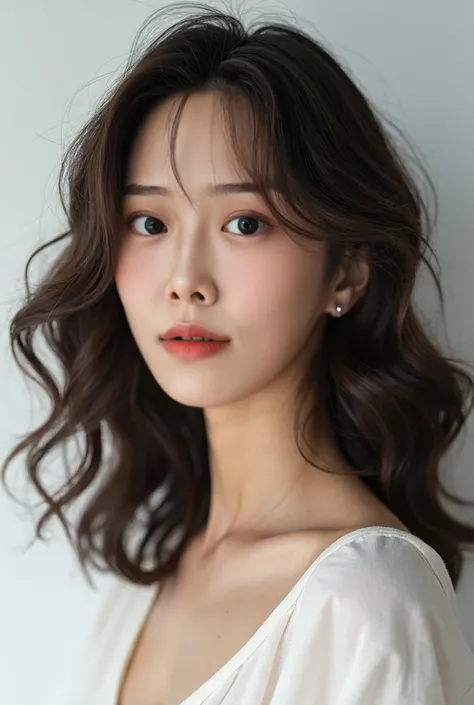  Korean model, White background, Wavy perm, Long hair, Beauty S 