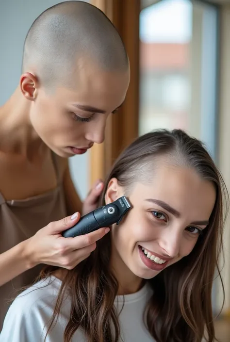 Two tall beautiful young women, one shaving the others head. ((((first woman is bald smooth pale skin on her head)))), (((she is holding "Wahl" hair clippers which are currently shaving the second womans head, she is intensely looking at the (second womans...