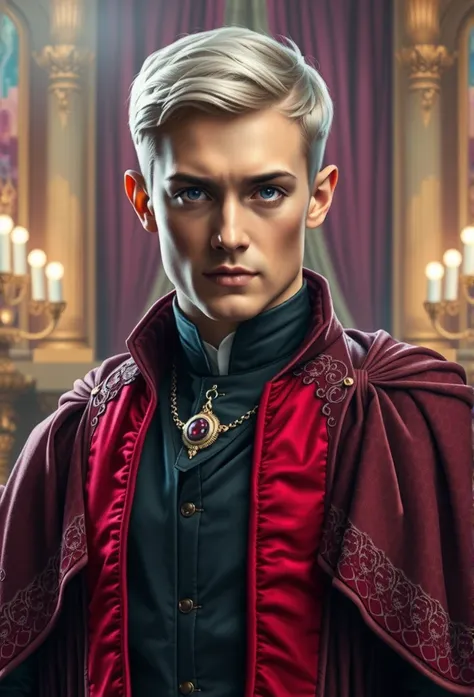 A handsome Targaryen Prince with short trimmed silver white hair, purple eyes, hes wearing a royal silky black tunic with red cloak and detailing,royal background 