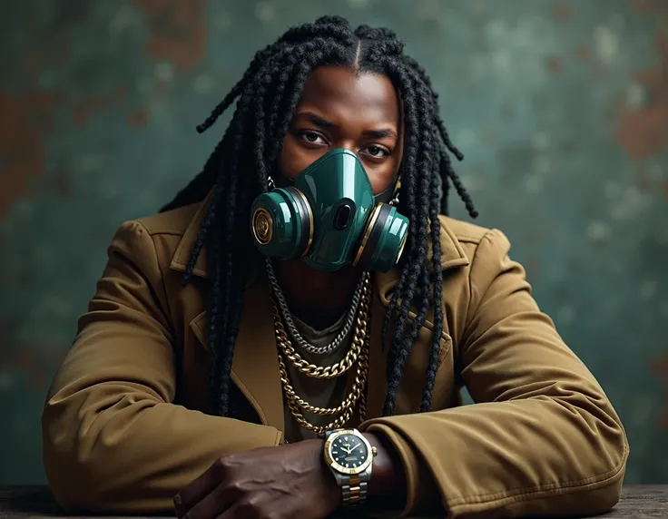 A rapper with braided hair wearing an oxygen mask, a coat with several gold chains around his neck and a Rolex on his arm