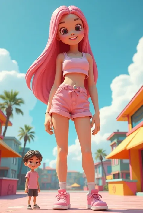  huge teen girl named Leonie at the age of 13 is bigger than a skyscraper cute 3D cartoon over the top cute cool summer outfit cropped hip hop scene girl is a giantess beautiful long silky hair friendly smile pink lips girl is 20 meters tall really giganti...