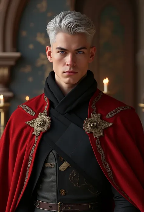 a handsome targaryen prince with short trimmed silver white hair, purple eyes, he's wearing a royal silky black tunic with red c...