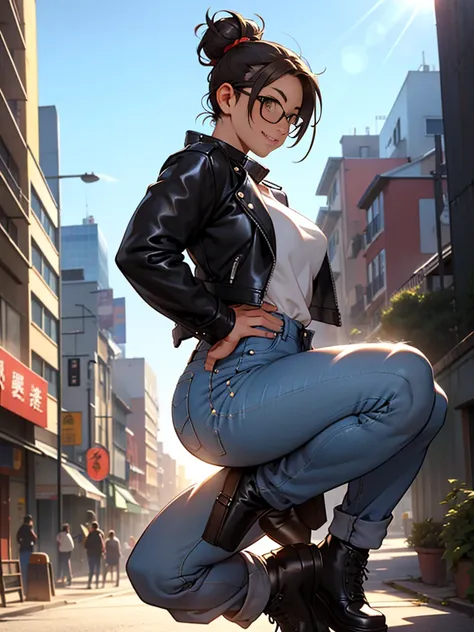 mei, pose she is squatting with his legs open and his back arched and his head looking up, hands on hips, looking at the horizon, glasses, brown eyes, hair bun, hair stick, friendly face expression, gentle smile, city background, sunlight, best quality, co...