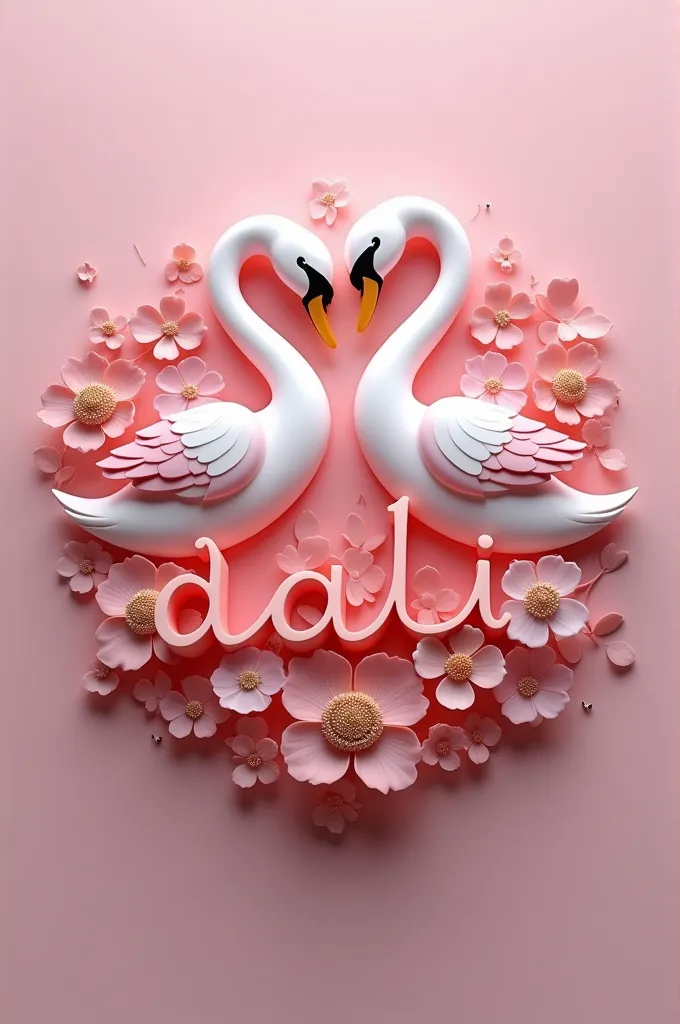 A captivating 3D render of a sophisticated logo design that exudes refined elegance. Two charming pink and white swans gracefully curl in a harmonious embrace, symbolizing grace and beauty. The name neon pink "A.A.I" is elegantly written in a gold embossed script beneath the colour full floral focal point, adding a touch of class. Modern and classic design elements blend seamlessly, creating a timeless charm that exudes cinematic elegance. The high-quality 