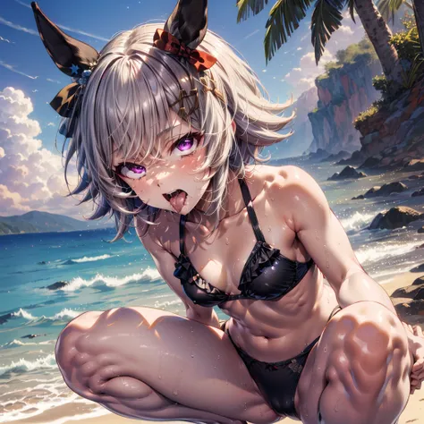 ​masterpiece, 16K，top-quality, {{{{{CurrenChan Umamusume}}}}}，Black horse ears，white  hair，short-hair，Red hair ornament, ahegao face，White teeth，Big open mouth，Purple Eyes，Very beautiful eyes，{{{squatting}}}，{{{{Open legs to M-shaped legs}}}}，bare clavicle...