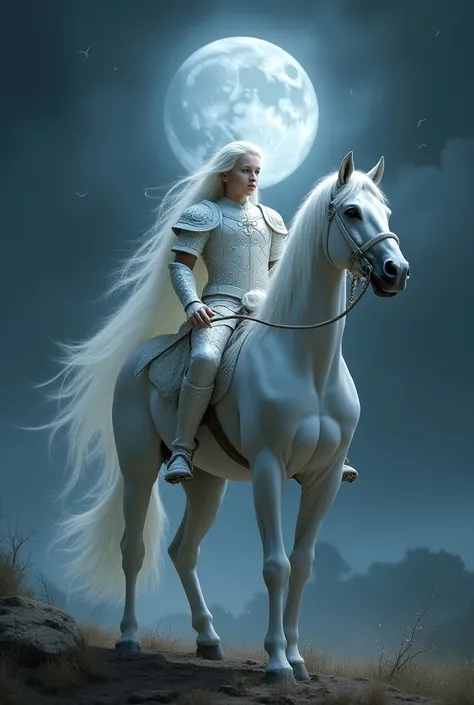 A milkey white long hair boy on a white horse white sowte white whole night on dark moon come for battle with dangures tools kill divel baground