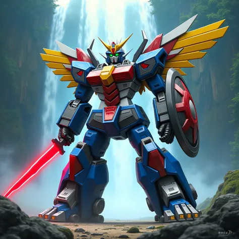  combined fusion of the robot lion , robot eagle,  robot shark , Robot bison ,  robot tiger uniting to form a single , Megazord-style robotic , mecha, metallic finishes,  with different colors on each part of the body,  twist in the colors red and yellow ,...