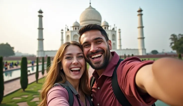 "Film the couple taking a selfie in front of the Taj Mahal, handheld, with the majestic monument in the background. Capture their excitement and smiles up close."