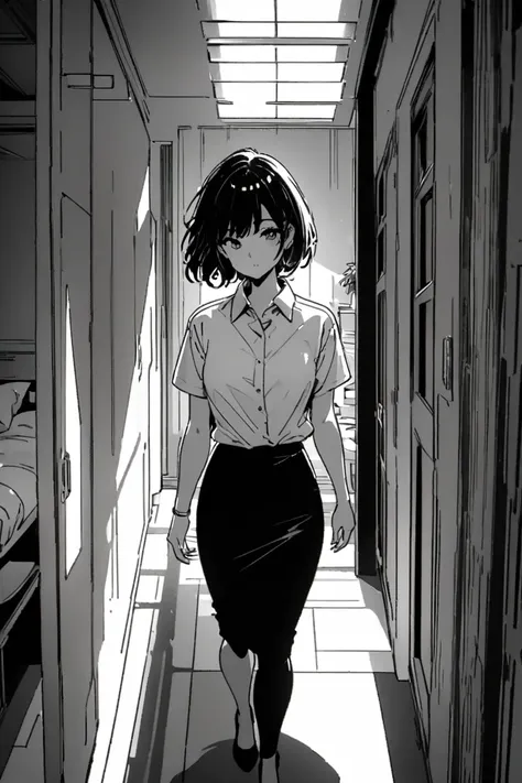 Line art，漫画Line art，黑白Line art， Black and White ， clear and smooth line ，8k，masterpiece、Female 1 person、Single Mother、白の長袖Business shirts、 tight skirt 、 short hair、Age 30、Black and White、Monochrome、 grayscale、 apartment interior、White background、((Business...