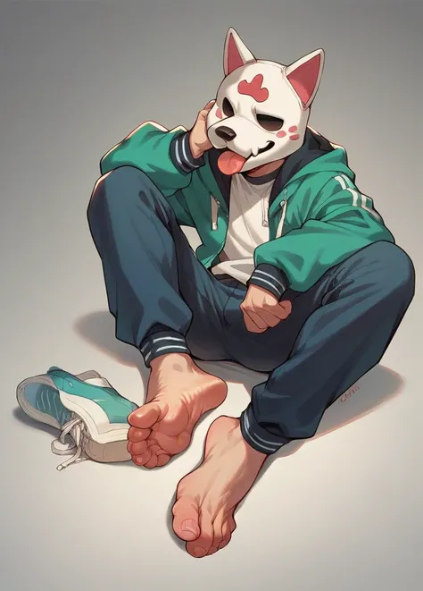 School bad boy wearing dog mask 
Showing feet 
Tongue out