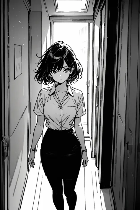 Line art，漫画Line art，黑白Line art， Black and White ， clear and smooth line ，8k，masterpiece、Female 1 person、Single Mother、白の長袖Business shirts、 tight skirt 、 short hair、Age 30、Black and White、Monochrome、 grayscale、 apartment interior、White background、((Business...