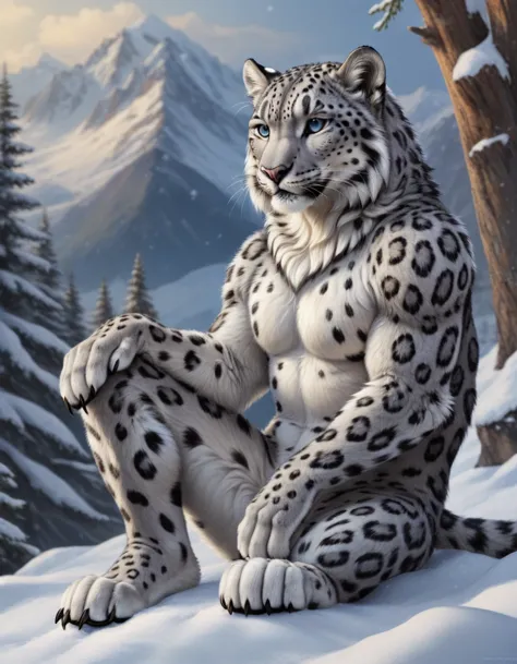 snow leopard, kriger , with mane,  4 fingers with medium-length claws, 3 toes with long claws, very detailed fur, very high qual...