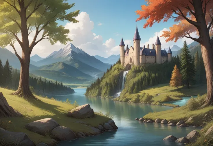 score_9, score_8_up, score_7_up,source_anime,2k wallpaper,landscape,mountains,river,forest,medieval,castle,realistic