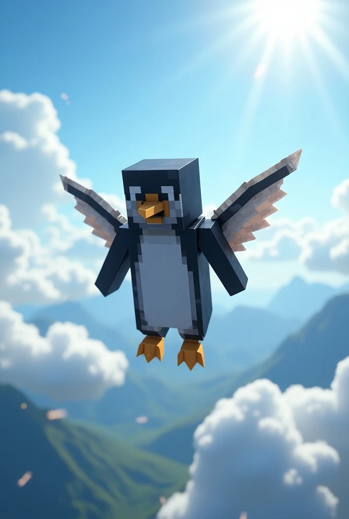 Player with Minecraft-style Penguin skin flying through the skies with elytra 