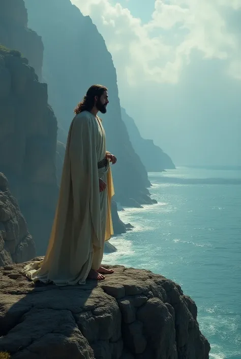 jesus at top a mountain looking at shore